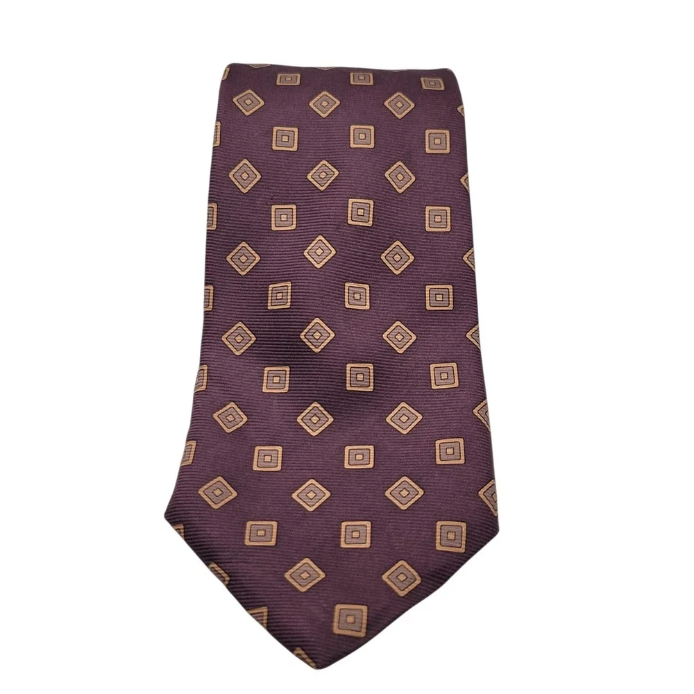 BROOKS BROTHERS Makers Silk Necktie Designer Geometric Burgundy Gray Tan Tie USA